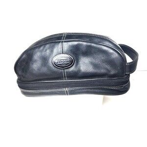 VTG Fossil Mens Black Genuine Leather Zip Top & Bottom Toiletry Bag Dopp Travel